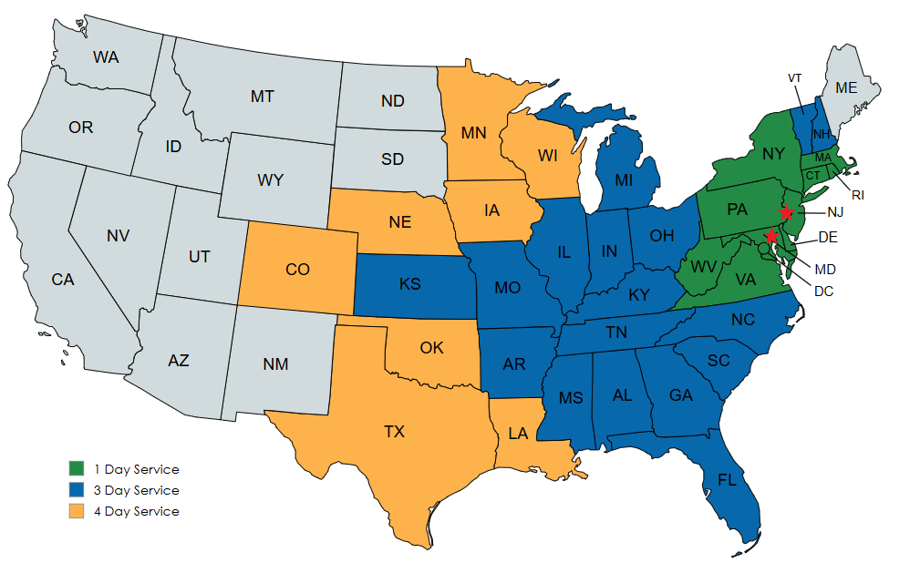 Service Area Map showing A&L Foods delivery coverage